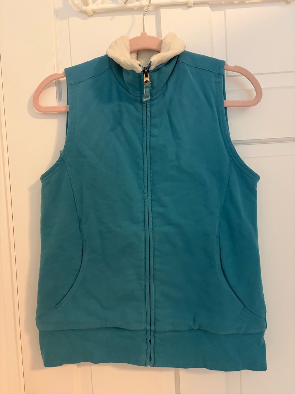 L.L. Bean Teal Sleeveless Puffer Vest with Cream Sherpa Collar